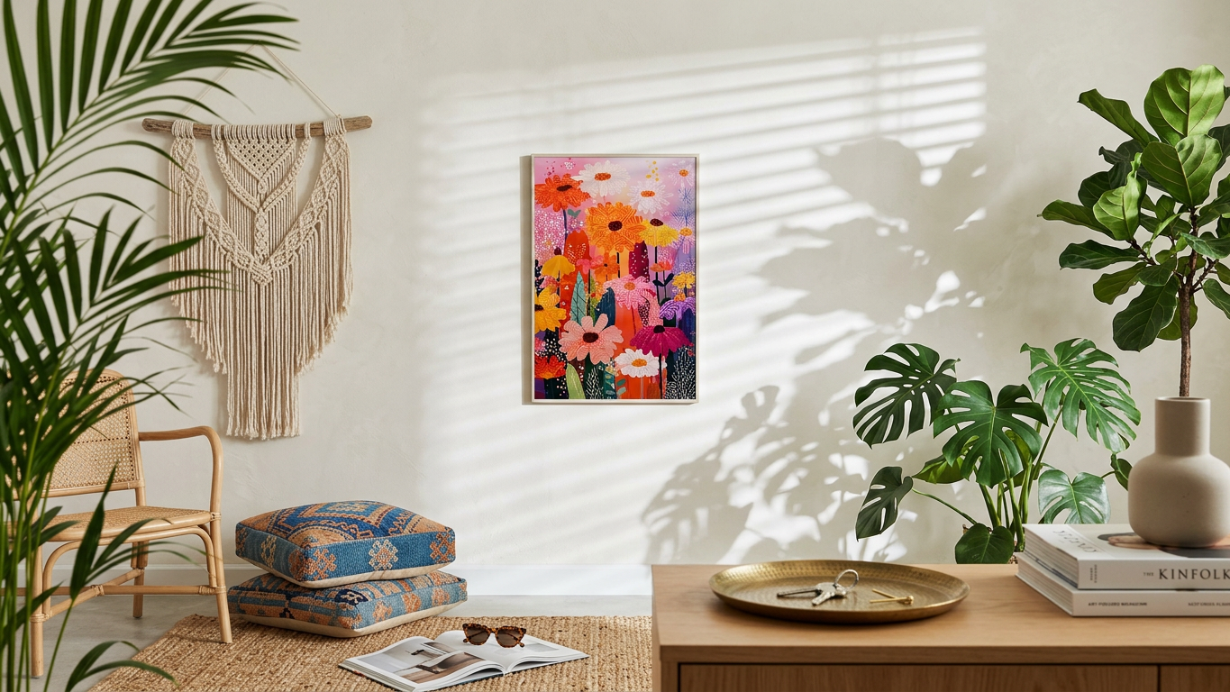 Tangerine & Rose Blooming Daisies Painting | Contemporary Floral Style | Sunlit Living Room Decor | Digital Download