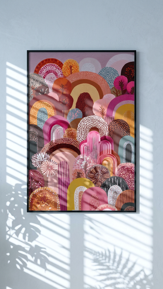 Burnt Sienna & Fuchsia Arched Forest Painting | Naive Style | Living Room Decor | Digital Download