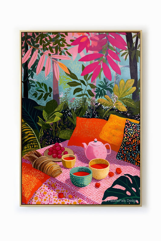 A colorful contemporary painting of a picnic scene, featuring pink teapot, fruits and foliage, ideal for adding a vibrant touch to any room.
