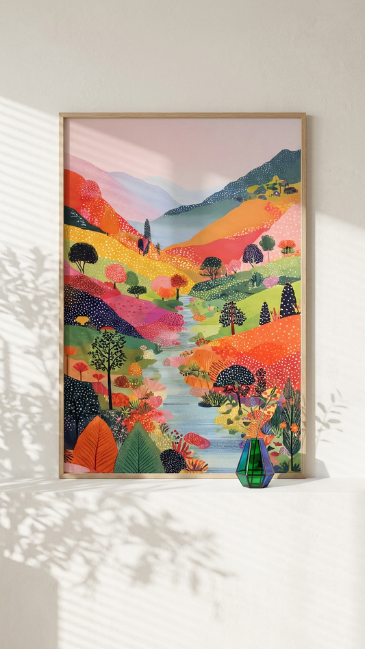 Tangerine Dream & Azure Vibrant Landscape Painting | Naive Style | Sunlit Living Room Decor | Digital Download