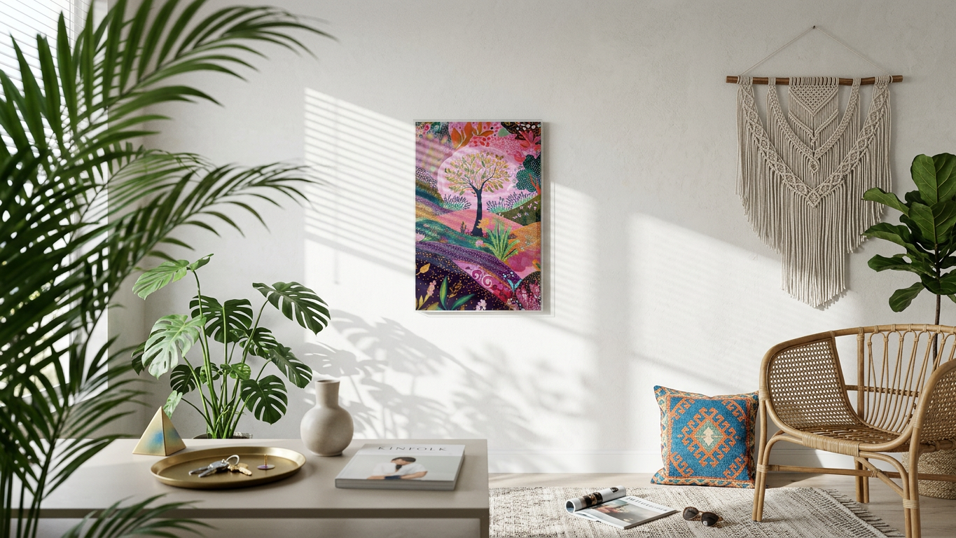 Ethereal & Joyful Whimsical Landscape Art | Pastel Pink & Emerald Tones | Ethereal bloom, joyful tranquility | Gift for Nature Lovers | Digital Download