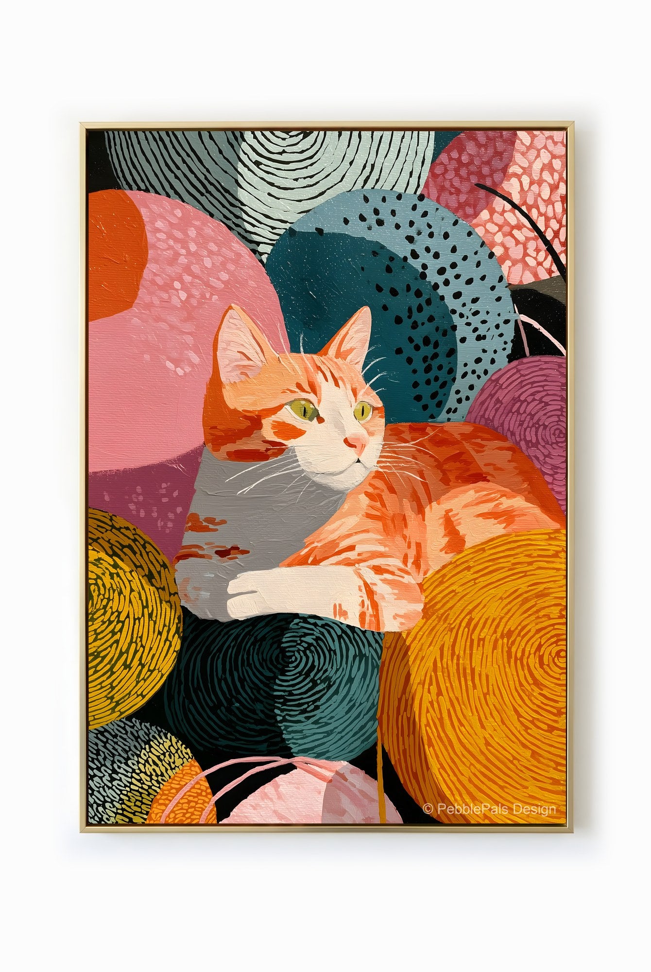 Abstract painting of an orange tabby cat surrounded by colorful, swirling shapes.