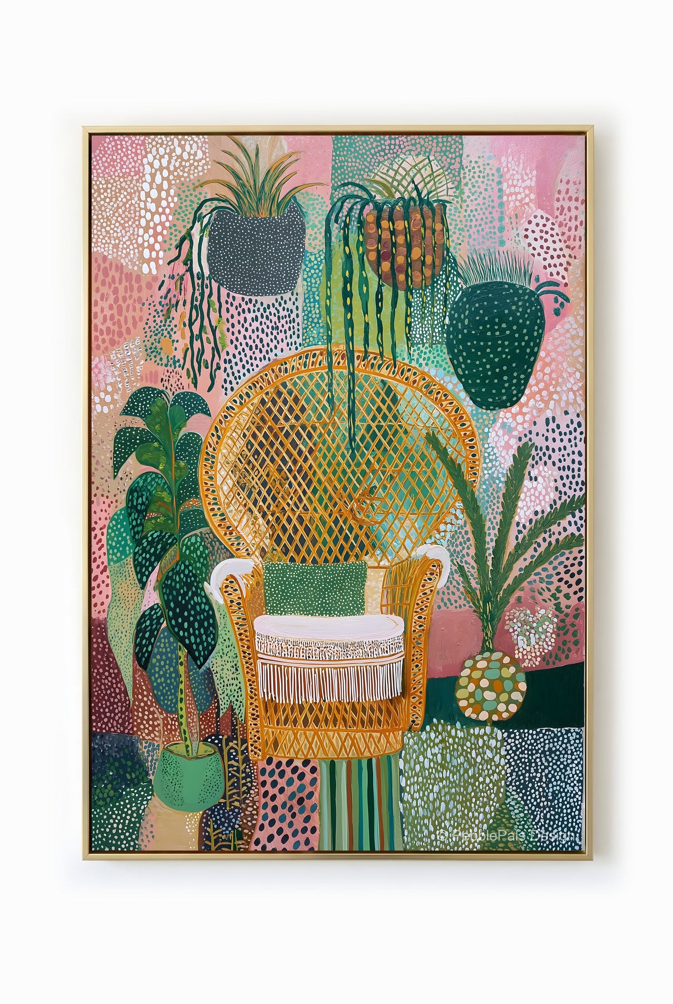 A colourful naive painting of a wicker chair surrounded by lush plants in a bohemian style.