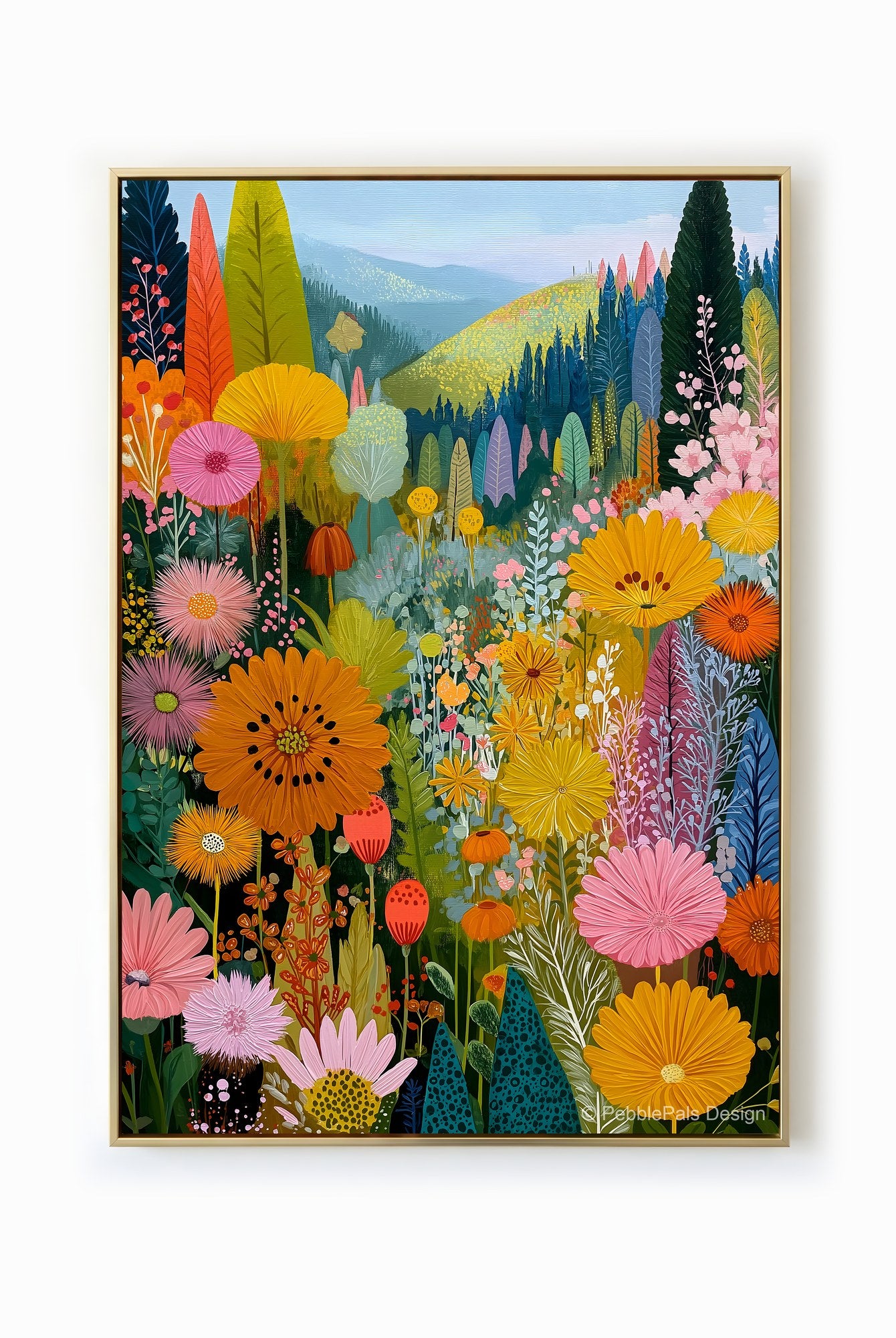 A vibrant floral meadow painting in folk style, filled with whimsical colors and textures.
