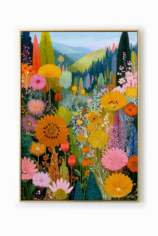 A vibrant floral meadow painting in folk style, filled with whimsical colors and textures.