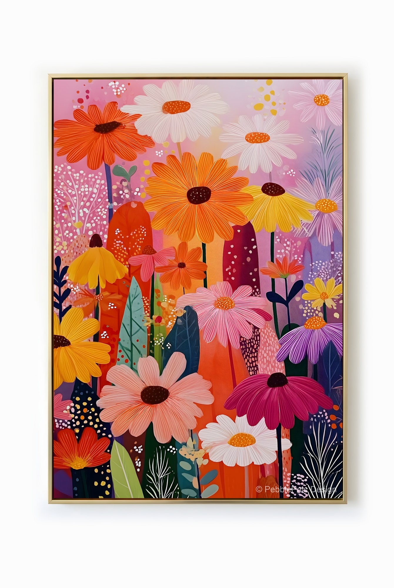 A vibrant floral painting featuring daisies in orange, pink, yellow, and white, set against a softly blended background of complementary hues.