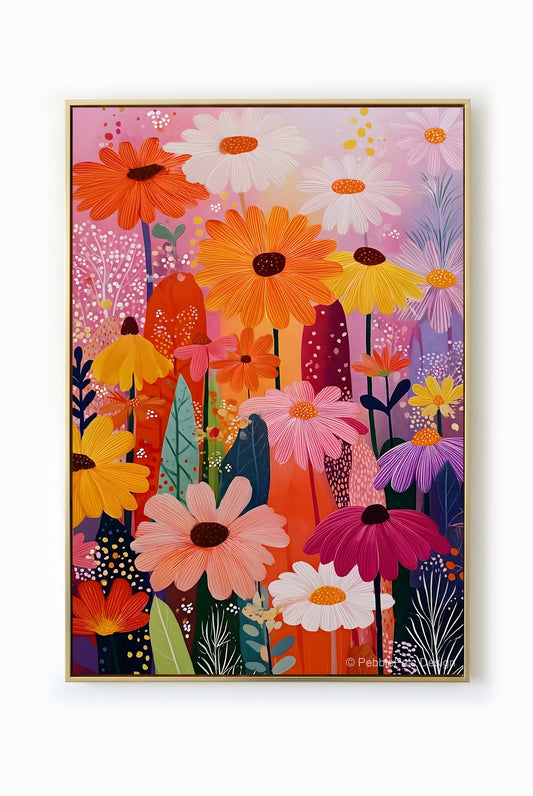 A vibrant floral painting featuring daisies in orange, pink, yellow, and white, set against a softly blended background of complementary hues.