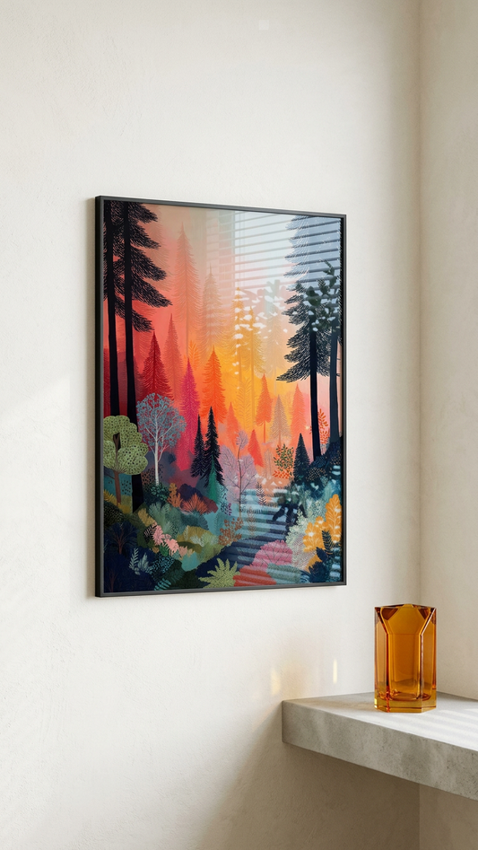 Fiery Orange & Teal Forest Vista Painting | Expressionism Style | Living Room Decor | Digital Download