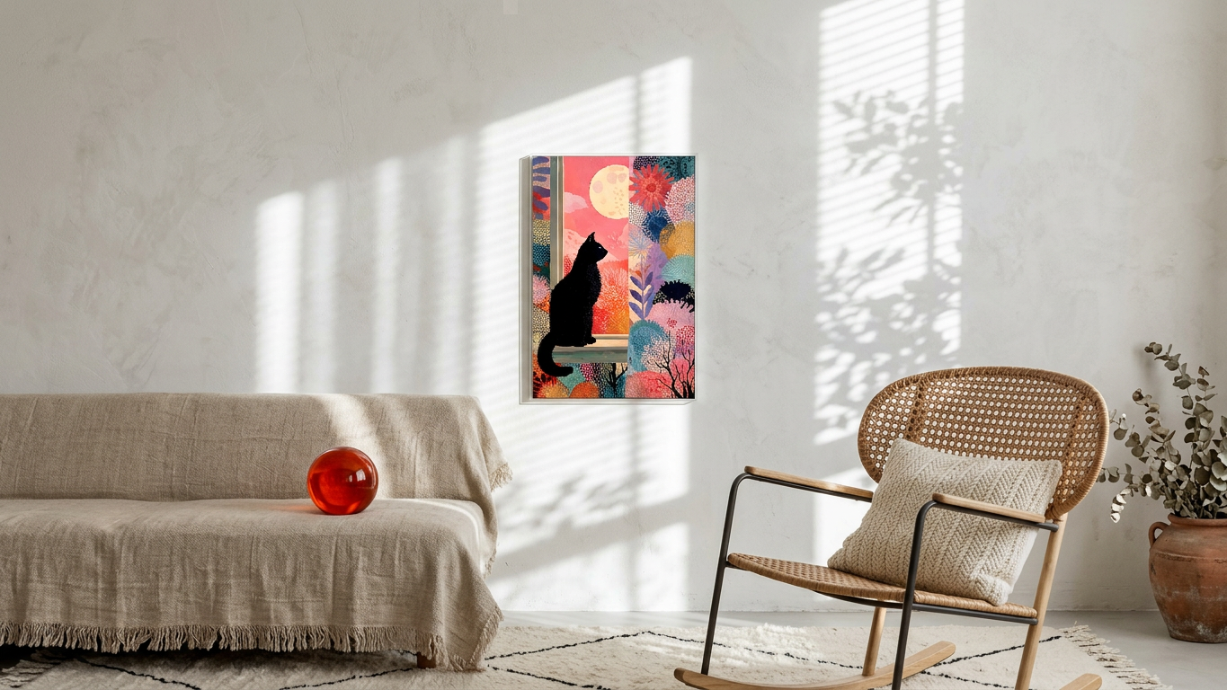 Whimsical & Ethereal Black Cat Art | Coral & Midnight Blue Tones | Ethereal cat art | Gift for Cat Lovers | Digital Download