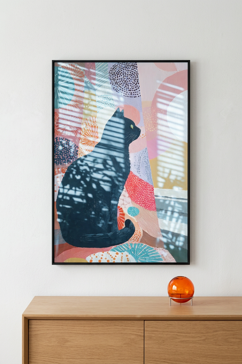 Whimsical & Serene Black Cat Art | Coral & Charcoal Tones | Serenity meets playful design | Gift for Cat Lovers | Digital Download