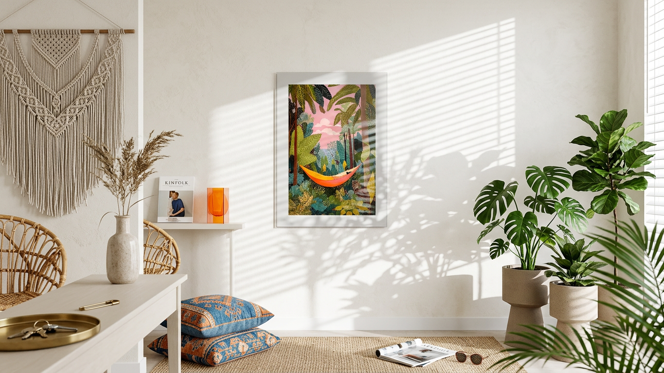 Ethereal & Serene Hammock in Jungle Art | Goldenrod & Emerald Tones | Jungle escape, peaceful dream | Gift for Relaxation Seekers | Digital Download