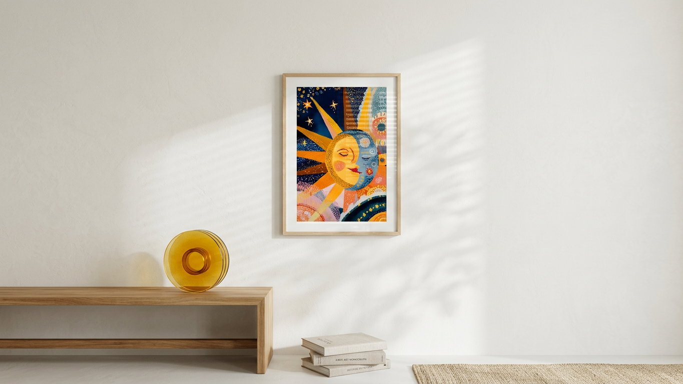 Golden Yellow & Azure Blue Sun and Moon Painting | Folk Style | Meditation Space Decor | Digital Download