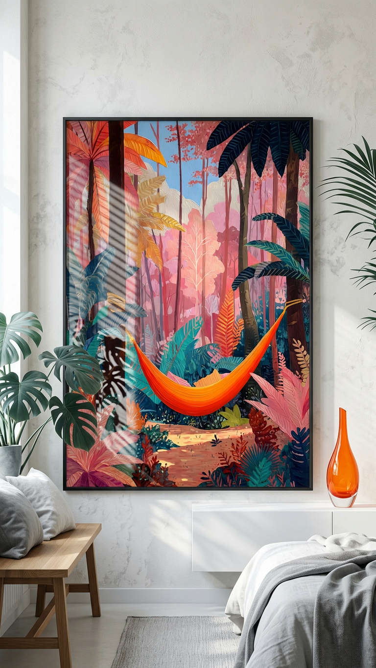 Teal & Coral Hammock in Jungle Painting | Naive Style | Living Room Decor | Digital Download,