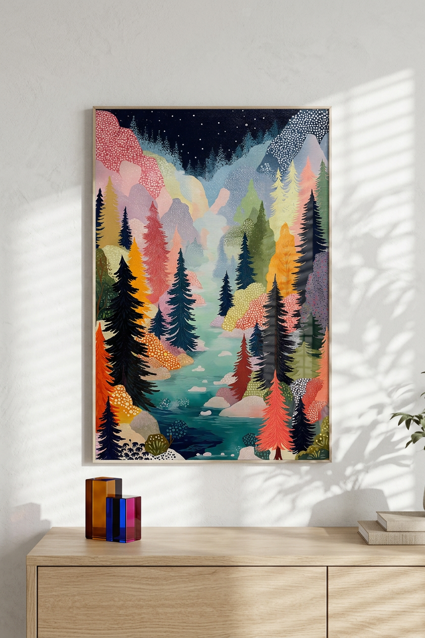 Ethereal & Harmonious Enchanted Forest Vista Art | Teal & Coral Tones | Nature's serene embrace | Gift for Nature Lovers | Digital Download