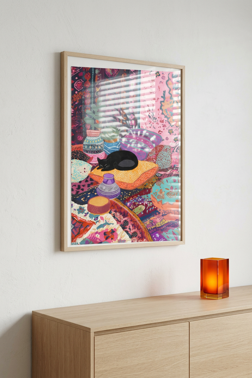 Indigo & Fuchsia Sleeping Black Cat Painting | Bohemian Style | Bohemian Living Room Decor | Digital Download