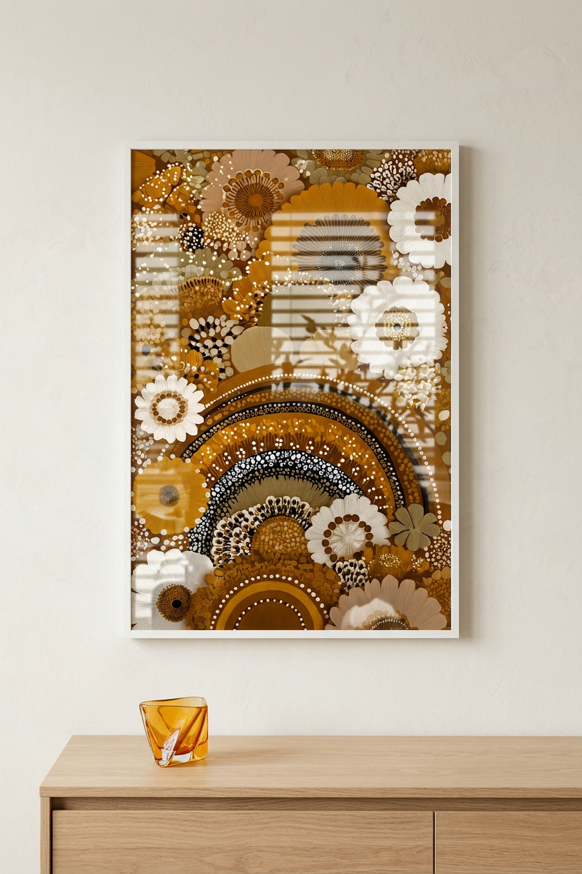 Golden Ochre & Ivory Floral Abundance Painting | Contemporary Aboriginal Style | Bohemian Living Room Decor | Digital Download