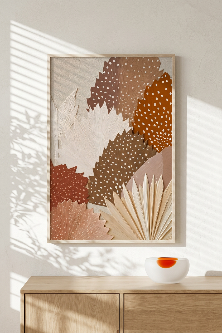 Ethereal & Serene Palm Leaves Collage Art | Burnt Sienna & Beige Tones | Earthy, textured, serene artwork | Gift for Cat Lovers | Digital Download