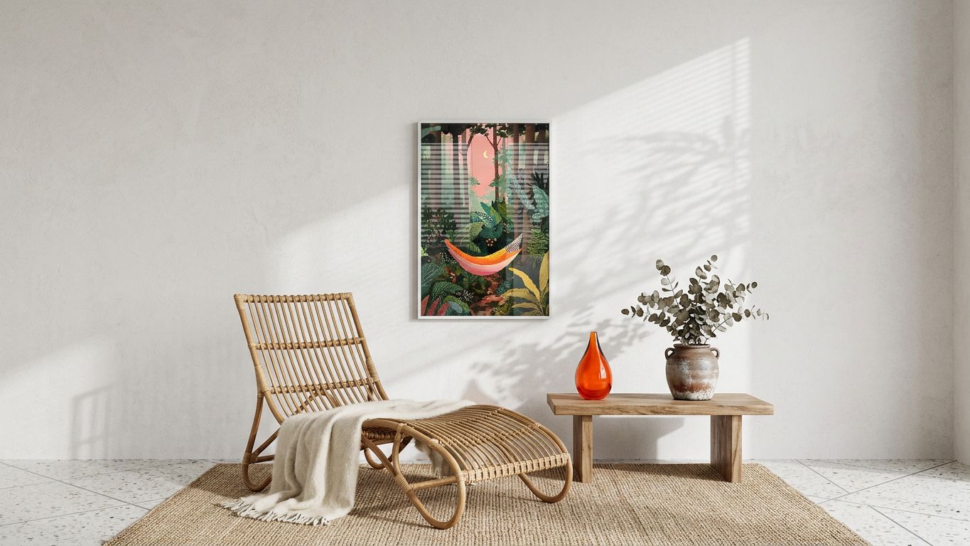 Ethereal & Lush Hammock in Jungle Art | Emerald & Coral Tones | A tranquil forest getaway | Gift for Nature Lovers | Digital Download