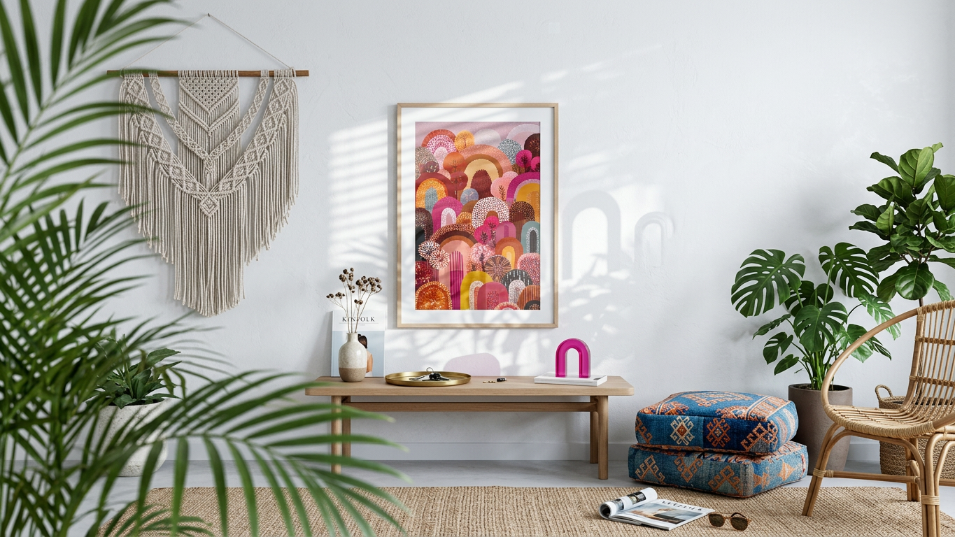 Burnt Sienna & Fuchsia Arched Forest Painting | Naive Style | Living Room Decor | Digital Download