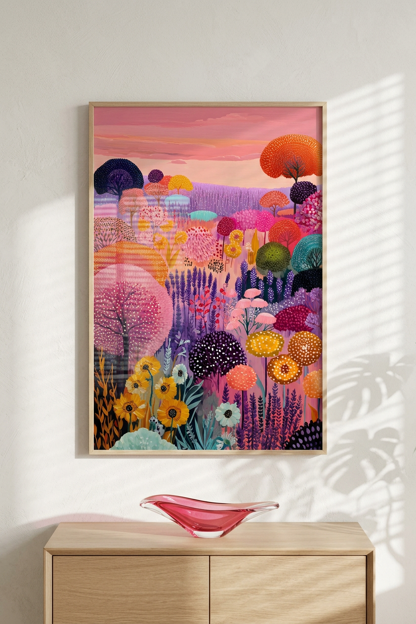 Vibrant Whimsical Floral Meadow Painting | Naive Style | Cozy Living Room Decor | Digital Download