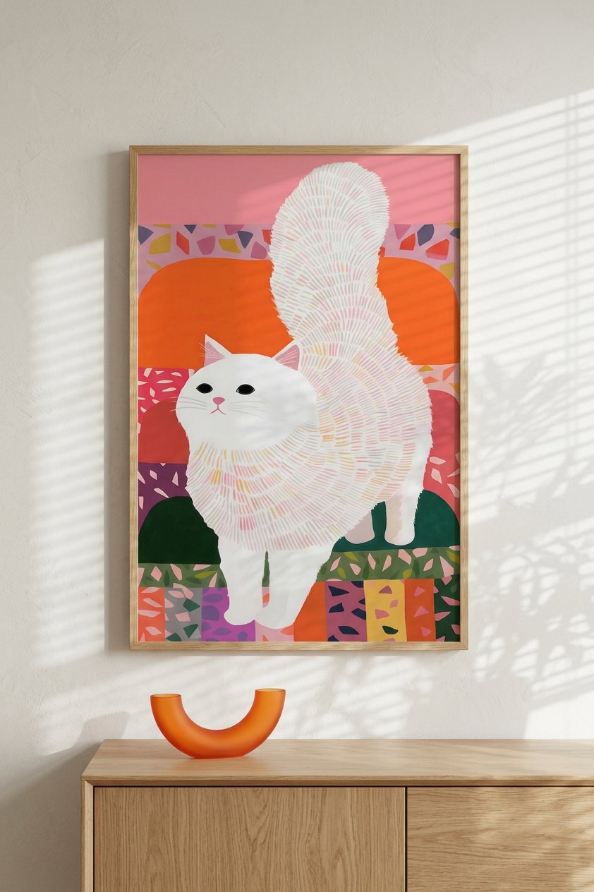 "Whispers of White Velvet" Ethereal & Gentle White Fluffy Cat Art | Pastel Pink & Orange Tones | Serenity in Feline Form | Gift for Cat Lovers | Digital Download