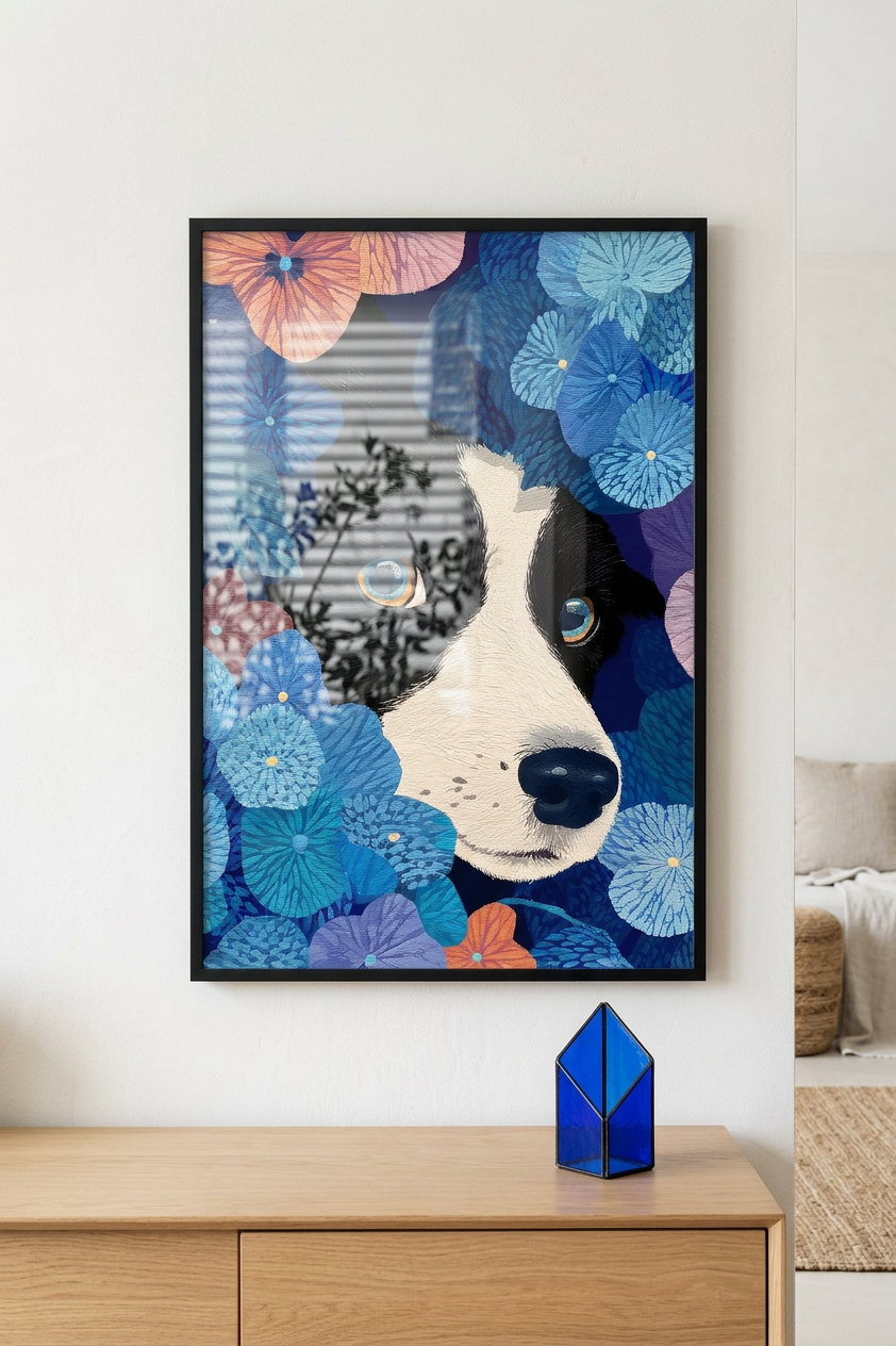 Ethereal & Heartfelt Border Collie Puppy Art | Sapphire & Peach Tones | Whimsical canine floral portrait | Gift for Dog Lovers | Digital Download