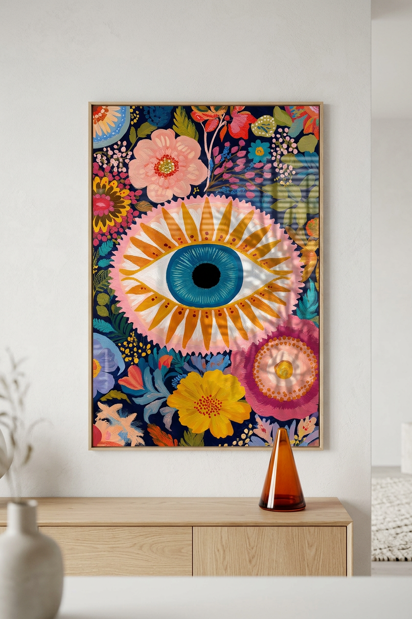 Electric Blue & Marigold Floral Eye Painting | Folk Style | Meditation Space Decor | Digital Download