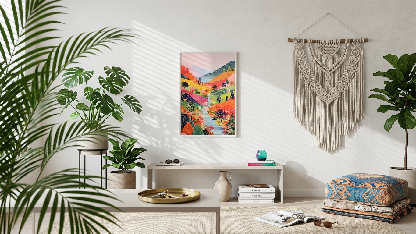 Tangerine Dream & Azure Vibrant Landscape Painting | Naive Style | Sunlit Living Room Decor | Digital Download