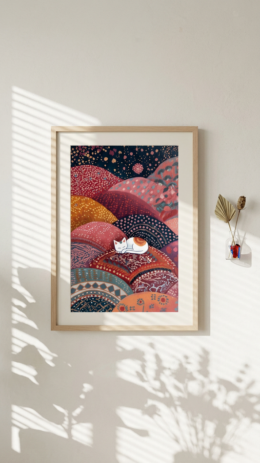 Whimsical & Comforting Sleeping White Cat Art | Crimson & Mustard Tones | Serenity in patterned dreams | Gift for Cat Lovers | Digital Download