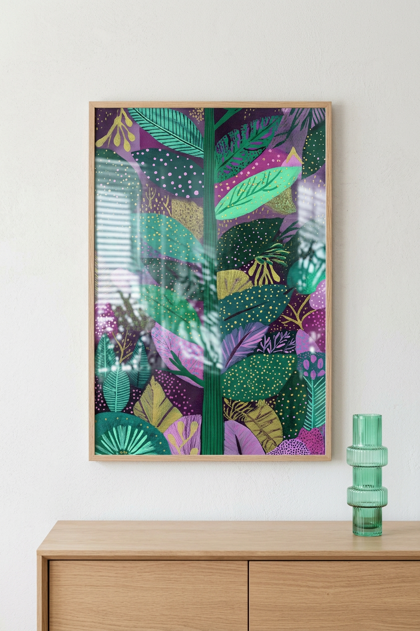 Emerald & Lilac Botanical Canopy Painting | Nature-Inspired Style | Sunroom Decor | Digital Download