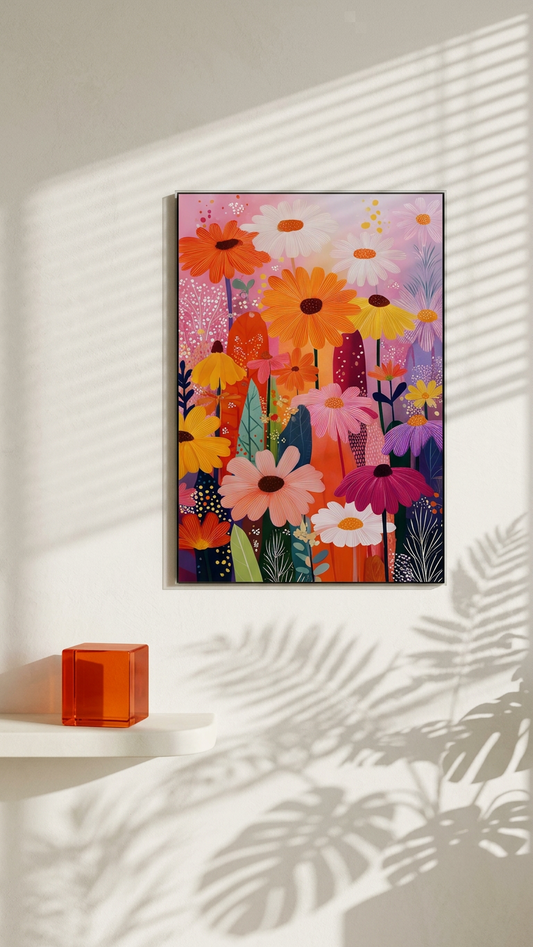 Tangerine & Rose Blooming Daisies Painting | Contemporary Floral Style | Sunlit Living Room Decor | Digital Download