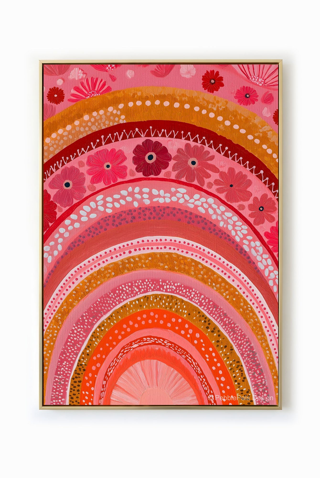 Whimsical floral rainbow art in pink, red, and ochre hues.