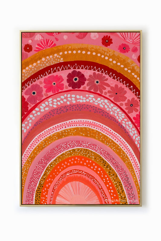 Whimsical floral rainbow art in pink, red, and ochre hues.