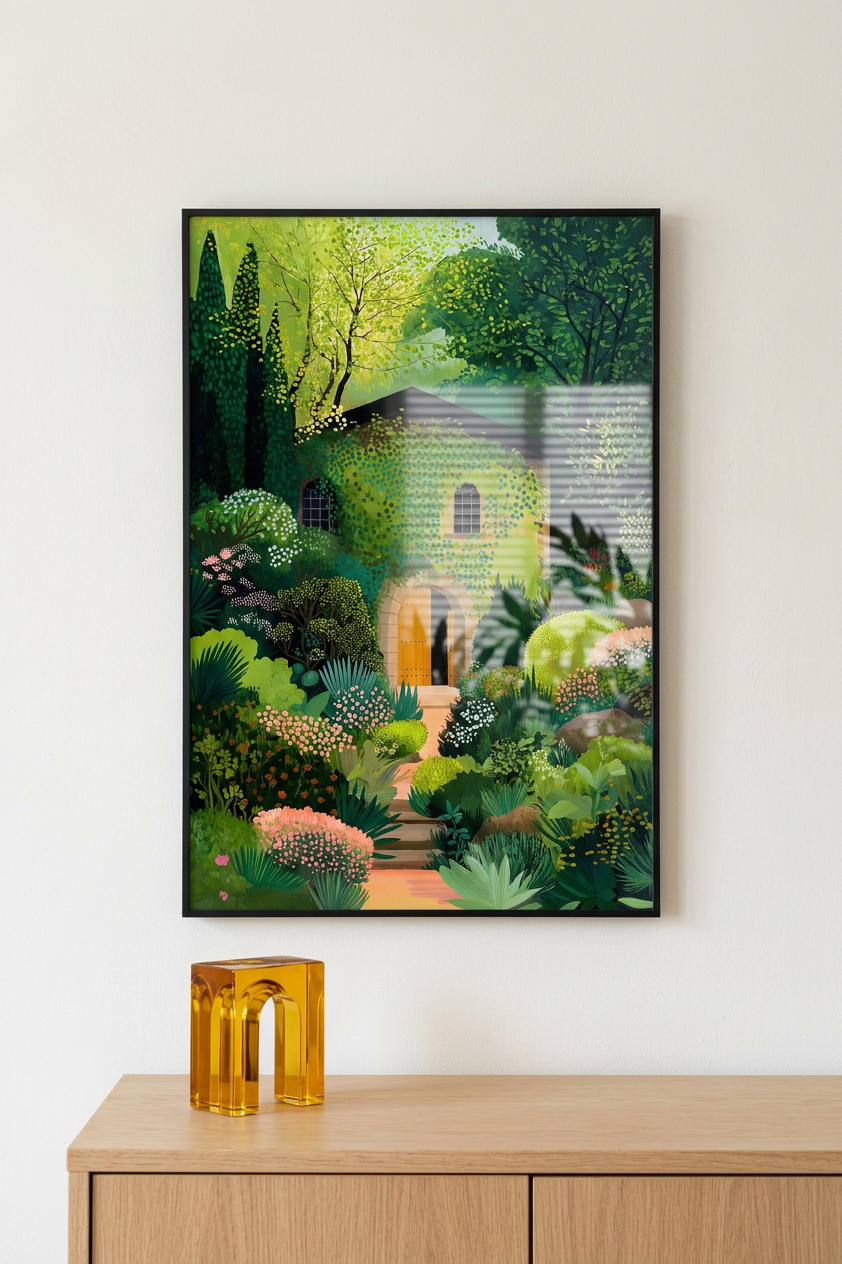 Emerald & Amber Secret Garden Cottage Painting | Impressionist Style | Sunroom Retreat Decor | Digital Download