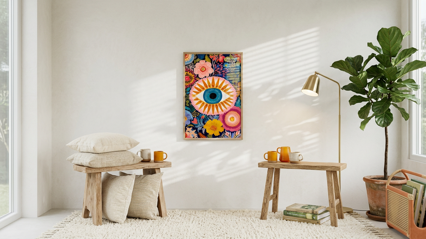 Electric Blue & Marigold Floral Eye Painting | Folk Style | Meditation Space Decor | Digital Download
