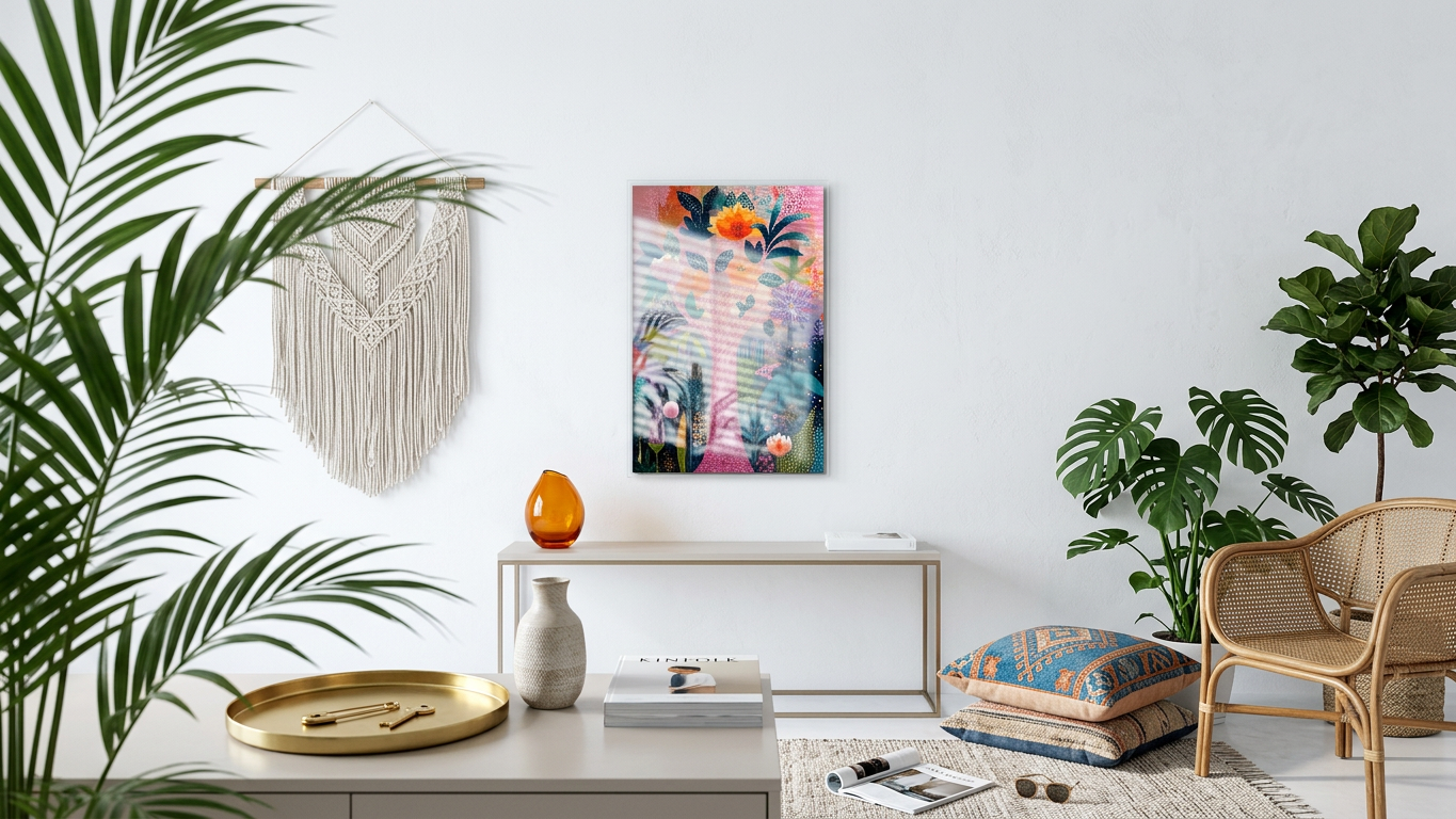 Coral & Teal Blossom Tree Painting | Botanical Style | Sunlit Living Room Decor | Digital Download