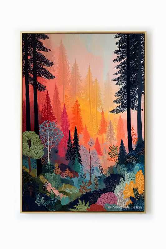 A vibrant and colorful expressionist painting of a forest canopy, with layers of orange, red, blue and green.