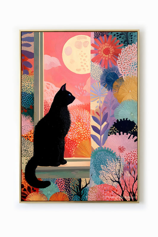 A whimsical naive painting of a black cat gazing at the moon through a window, surrounded by colorful flowers and plants in shades of coral, pink, and blue.