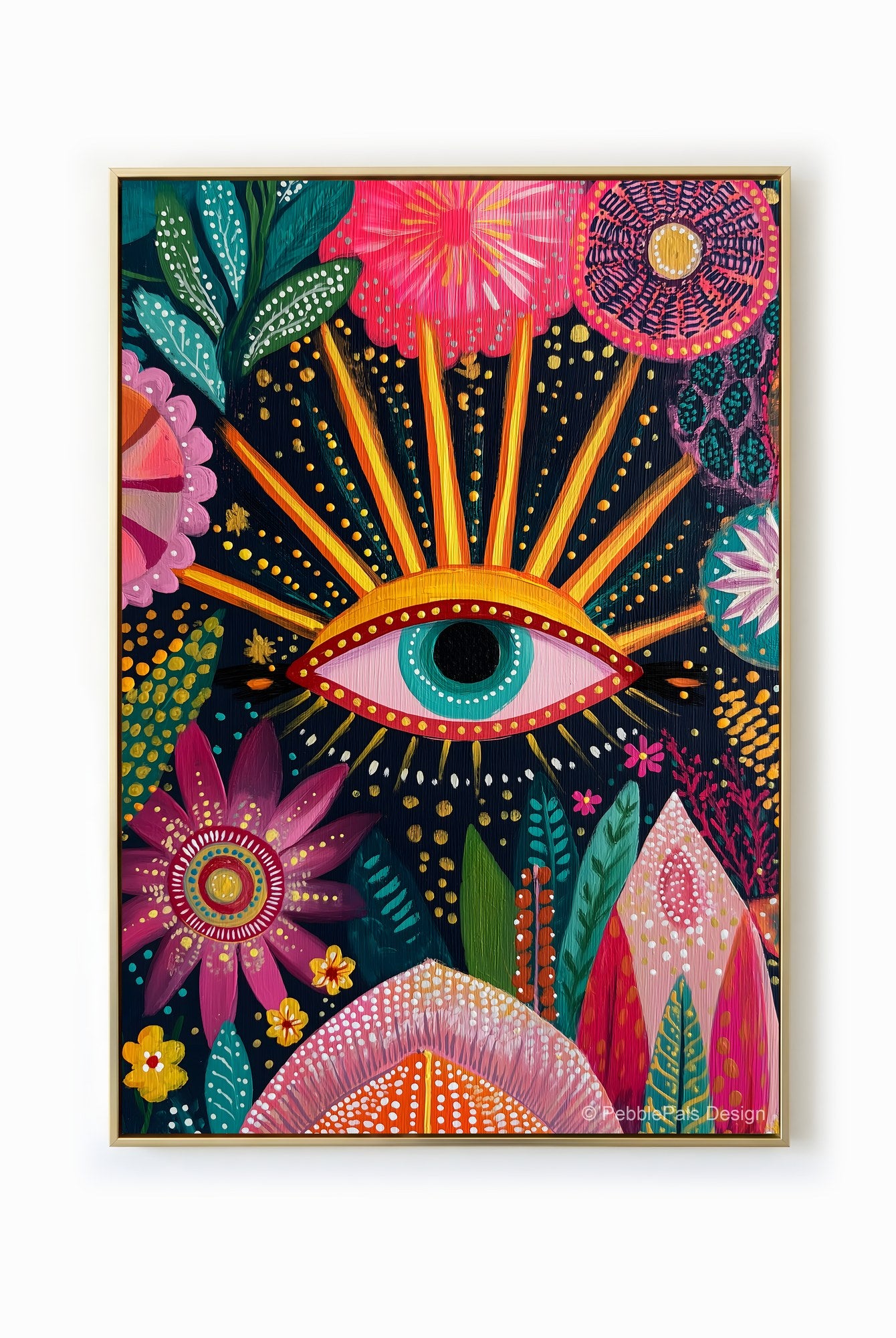 Psychedelic painting of an eye surrounded by colorful flowers radiating light.