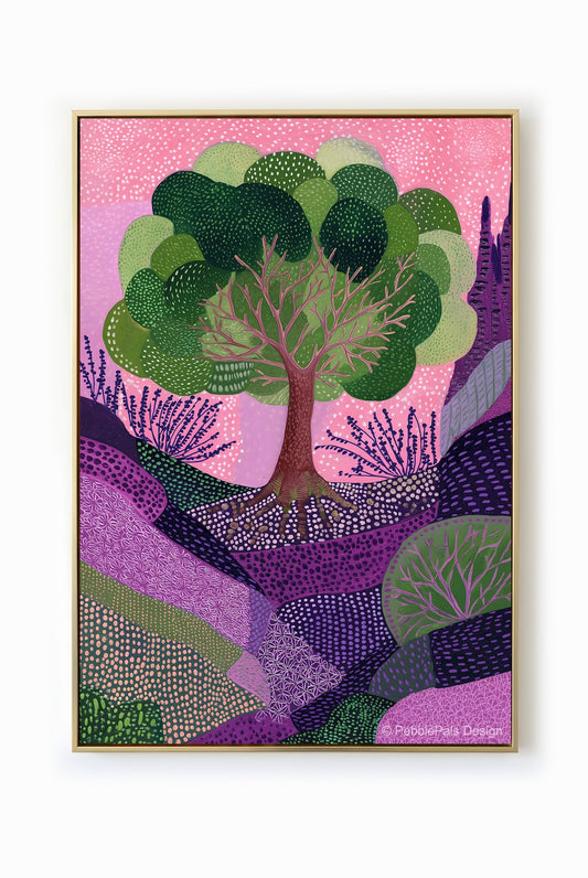 Naive painting of a green tree under a pink sky with lush purple and green ground.