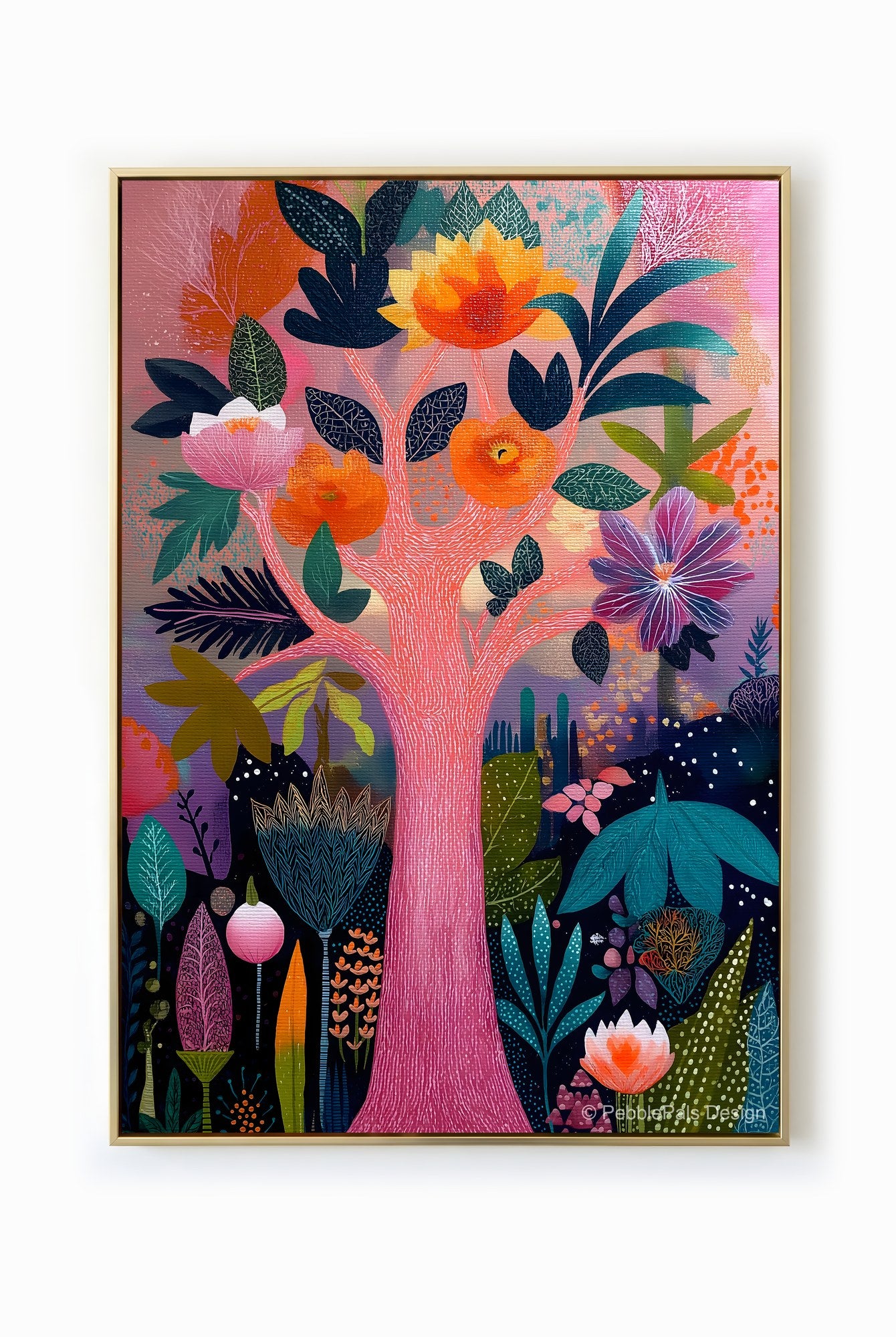 A vibrant and whimsical painting of a blossom tree with orange, pink, and teal flowers and leaves against a colorful background.