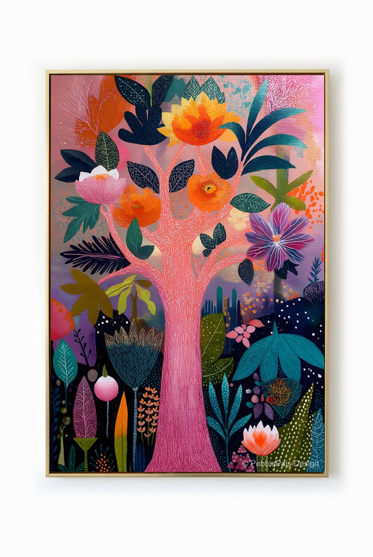 A vibrant and whimsical painting of a blossom tree with orange, pink, and teal flowers and leaves against a colorful background.