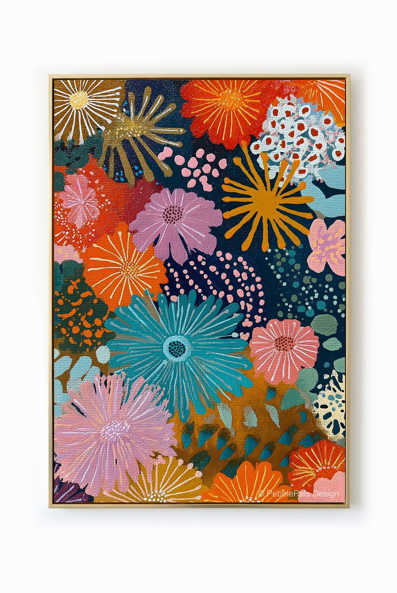 A vibrant contemporary floral painting with a kaleidoscope of colors, including pink, orange, yellow, and teal.