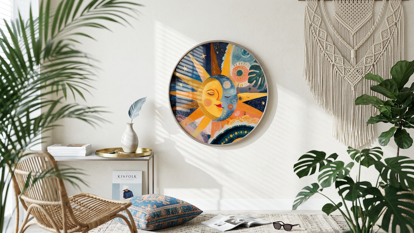 Golden Yellow & Azure Blue Sun and Moon Painting | Folk Style | Meditation Space Decor | Digital Download