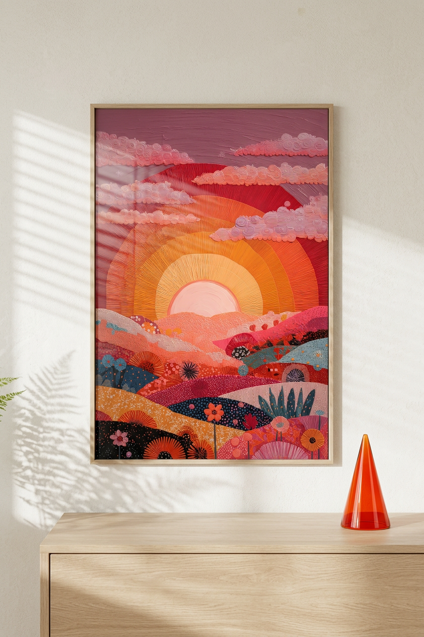 Fiery Orange & Rose Vibrant Sunset Vista Painting | Textural Impressionism Style | Sunlit Living Room Decor | Digital Download