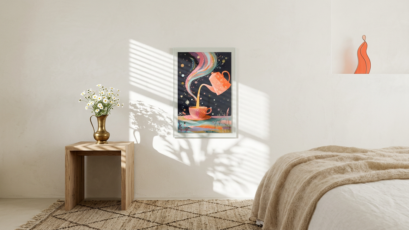 Coral & Amber Cosmic Tea Party Painting | Contemporary Style | Relaxation Space Decor | Digital Download