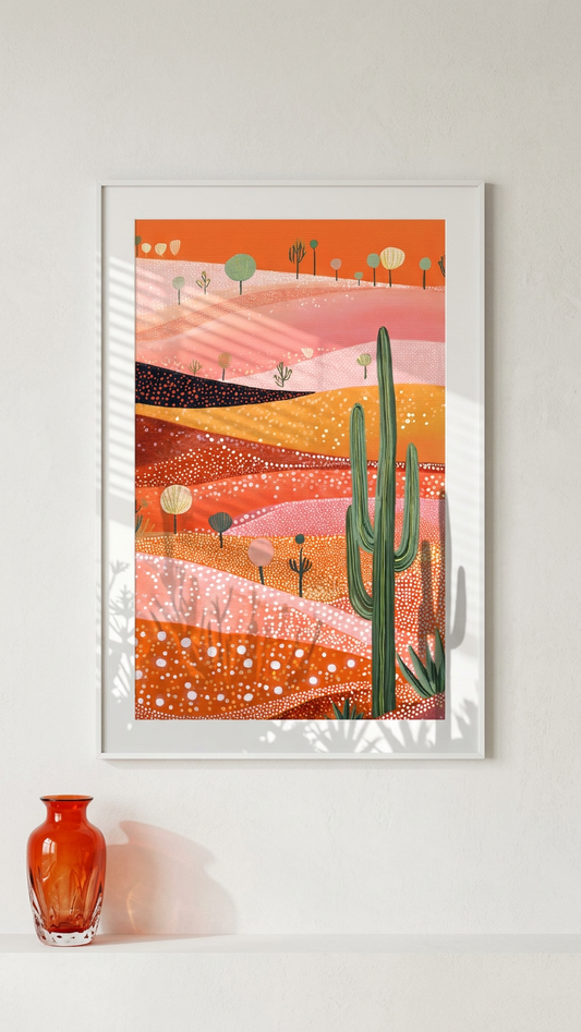 Ochre & Blush Desert Cactus Landscape Painting | Naive Style | Bohemian Living Room Decor | Digital Download