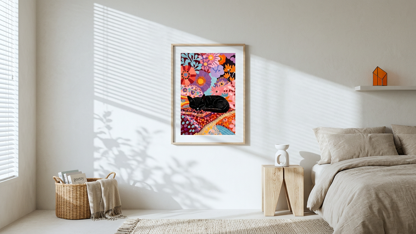 Whimsical & Serene Sleeping Black Cat Art | Jewel Tones & Pastels Tones | Vibrant, Dreamy, Cat Nap | Gift for Cat Lovers | Digital Download