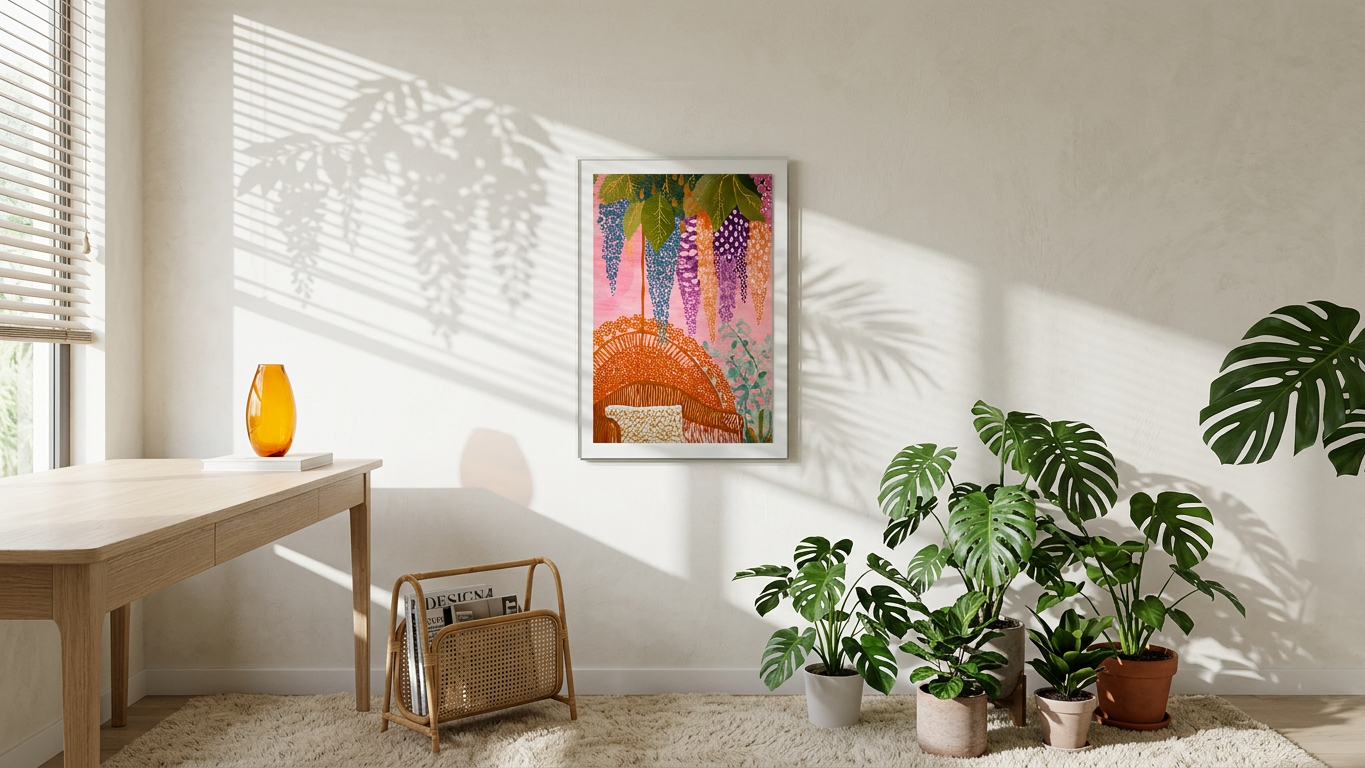 Rose Quartz & Tangerine Wisteria Canopy Painting | Naive Style | Sunlit Solarium Decor | Digital Download