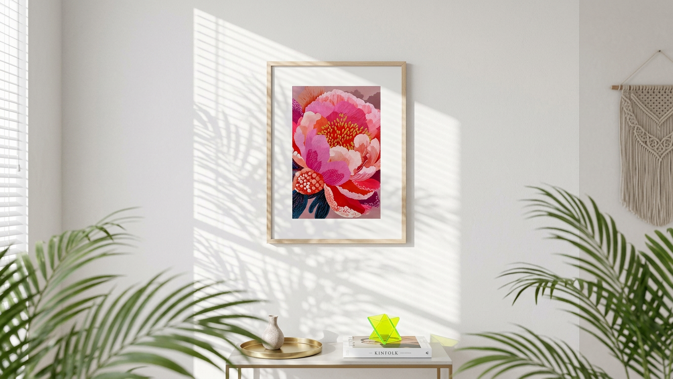 Pink, Coral & Gold Peony Bloom Painting | Impressionist Style | Living Room Decor | Digital Download,